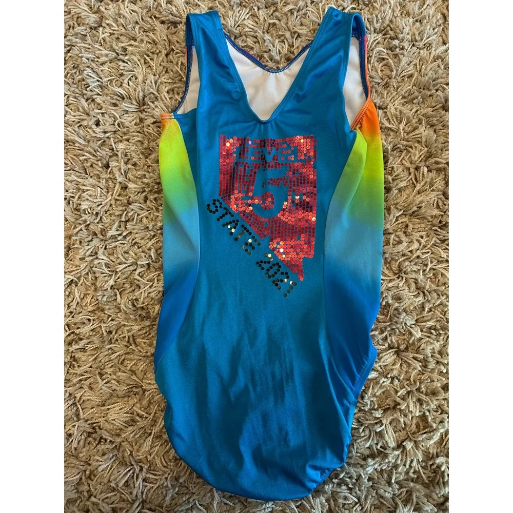 GK Elite Girls Rainbow Ombre Gymnastics Leotard Level 5 State 2021 CM Medium